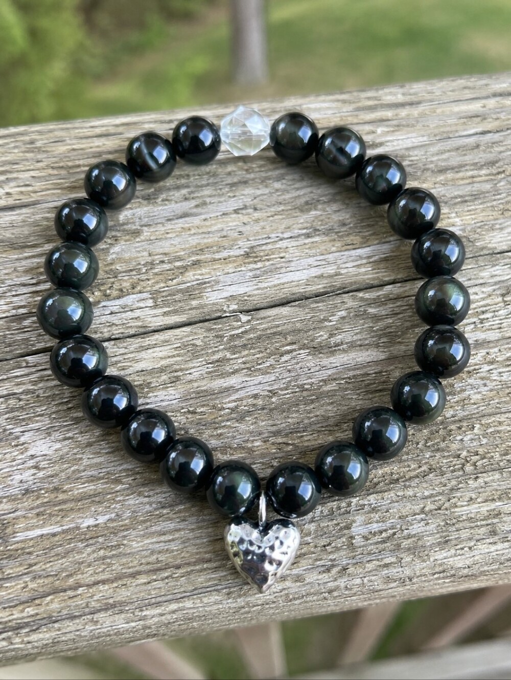 Rainbow Obsidian & Clear Quartz Beaded Stretch Bracelet | Handmade